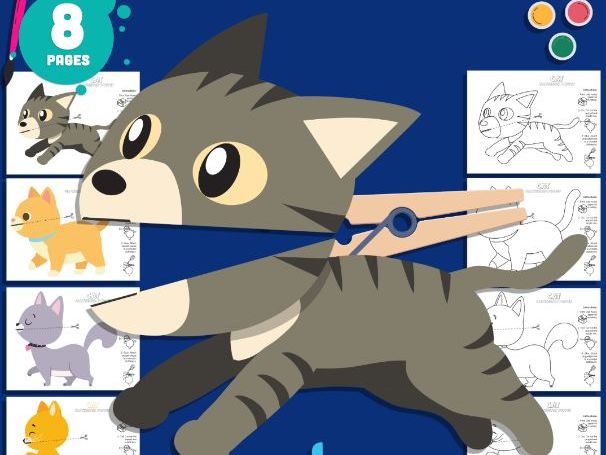 Cat Clothespin Puppets, Color Cut and Play Kitten Craft, Printable Activity