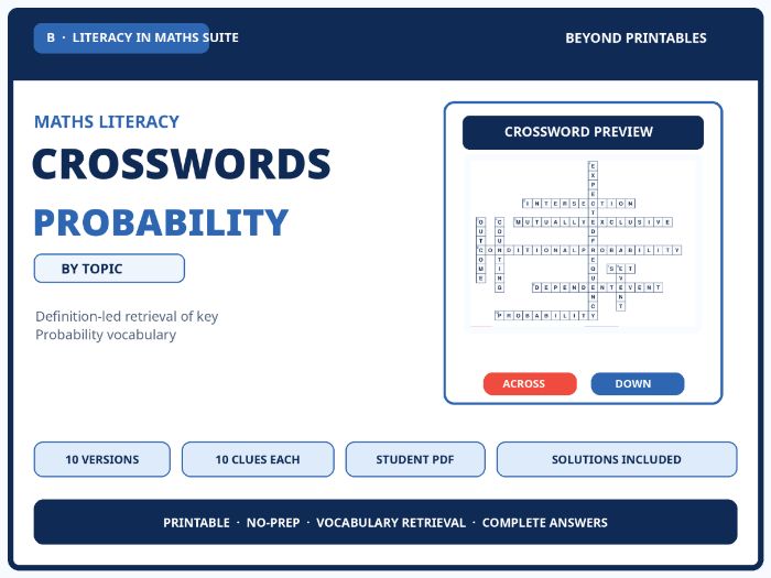 Probability Maths Crosswords | 10 Vocabulary Puzzles with Solutions