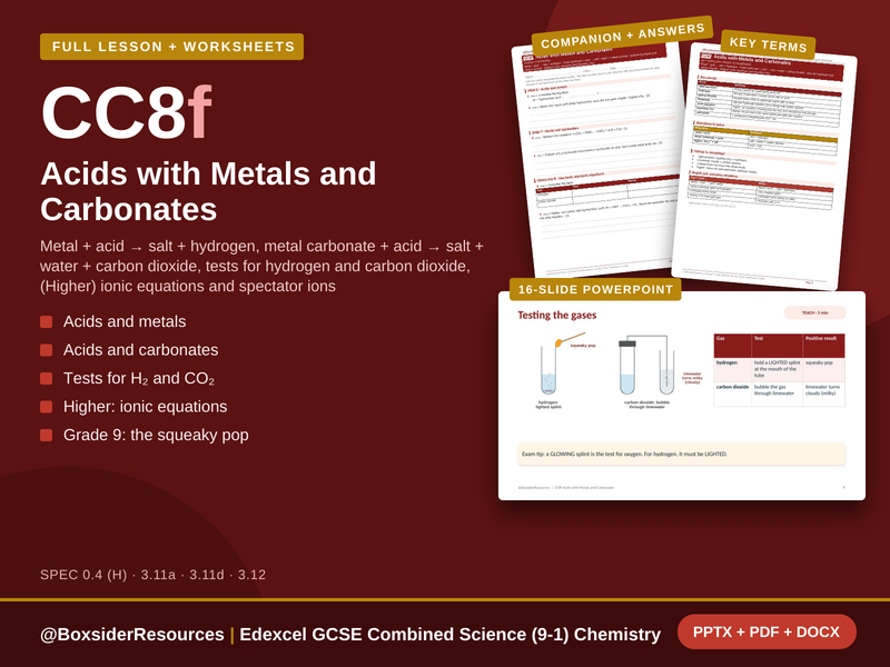 CC8f Acids with Metals and Carbonates | Edexcel Combined Science (9-1) | Lesson + Worksheet