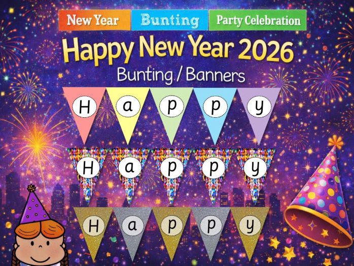 Happy New Year gold and silver glitter pastel sparkly bunting banner sign & 2026