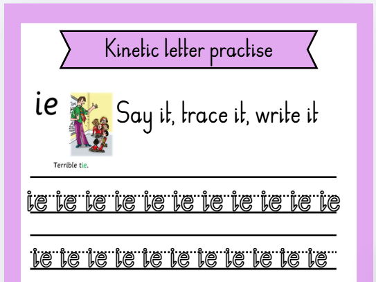 (Set 1 - 3 additional sounds) Kinetic letter RWI handwriting practise sheets