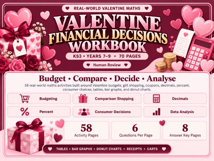 Valentine Financial Decisions Workbook | KS3 Financial Literacy, Budgeting & Money Maths | 70 Pages