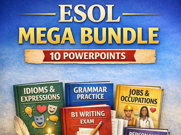 ESOL Mega Vocabulary & Grammar Bundle – 10 PowerPoints for Idioms, Personality, Jobs, Collocations & B1 Writing