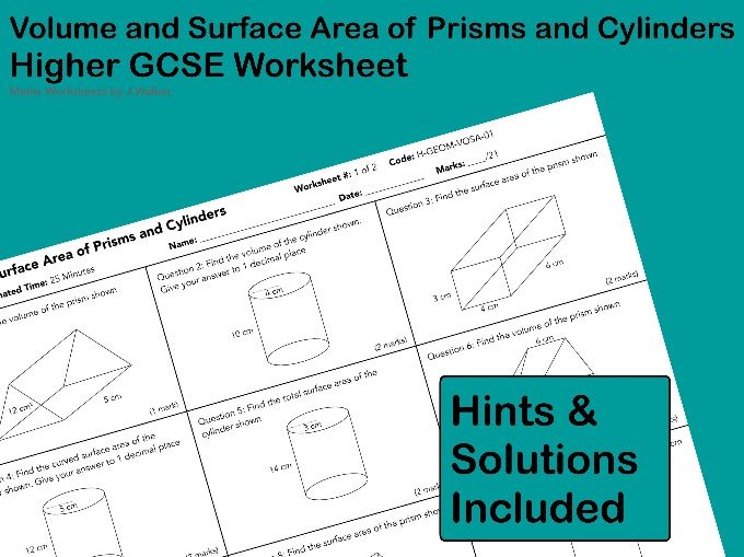 GCSE Maths Worksheet: Volume and Surface Area of Prisms and Cylinders - Higher Tier