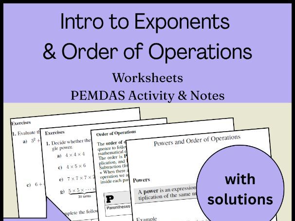 Intro to Exponents & Order of Operations Worksheets | PEMDAS Activity & Notes