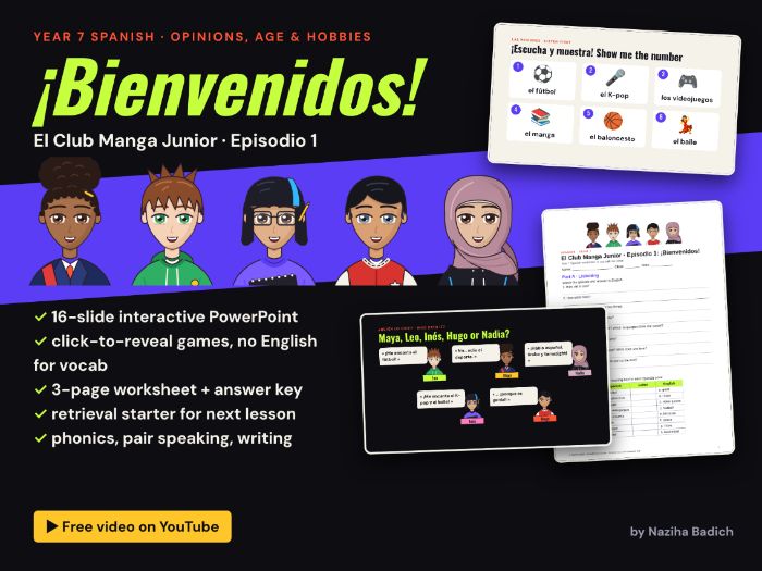Year 7 Spanish: Meet El Club Manga Junior! Manga Club Lesson (Opinions, Age & Hobbies Lesson)