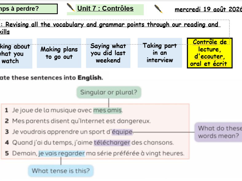 New French AQA Higher GCSE Module 1 Tu as du temps à perdre Unit 7 Contrôles