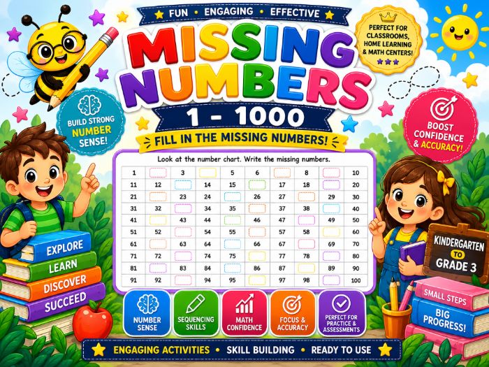 Missing Numbers 1-1000 Worksheets | Number Sequencing Math Practice Kindergarten to 3rd Grade