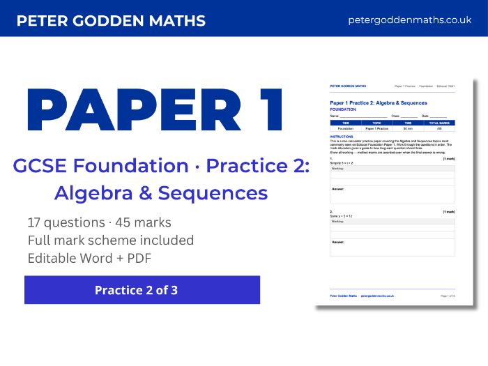 GCSE Foundation Paper 1 Practice 2: Algebra & Sequences + Mark Scheme