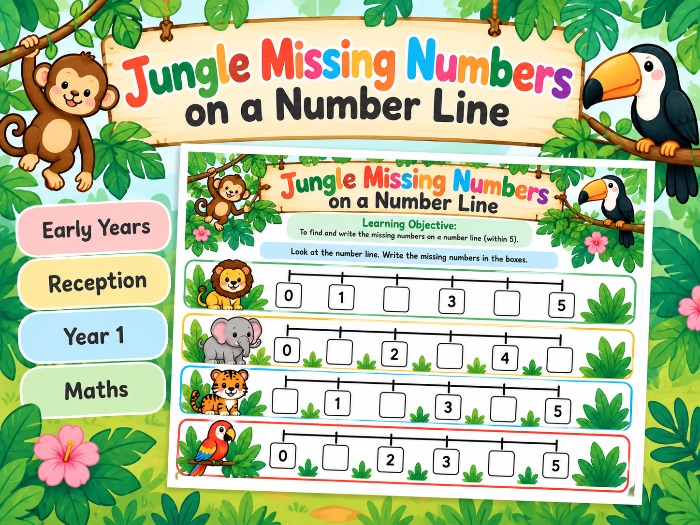 Jungle Missing Numbers on a Number Line 0-5 | Early Years Maths Worksheet