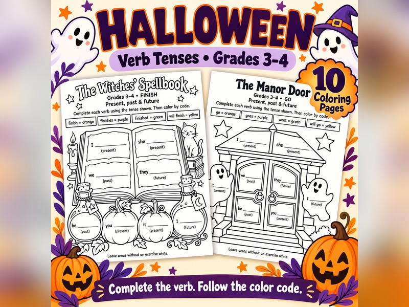 Halloween Verb Tenses Colour by Code Gr 3-4