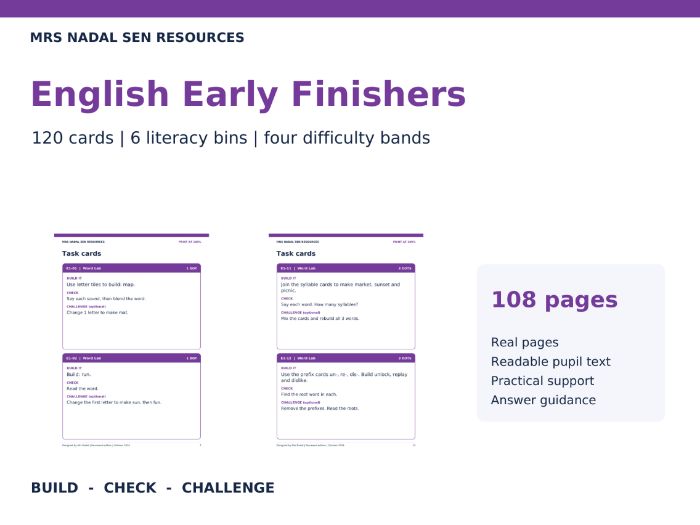 English Early Finishers | 120 SEND Cards + Support
