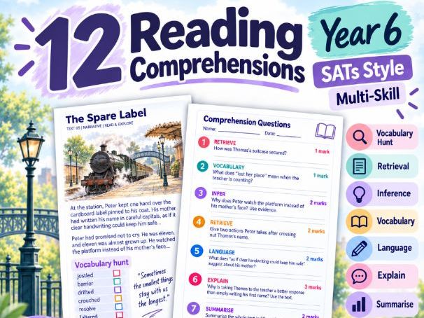 Year 6 Reading Comprehension Pack | 12 SATs-Style Multi-Skill Texts + Vocabulary Challenges