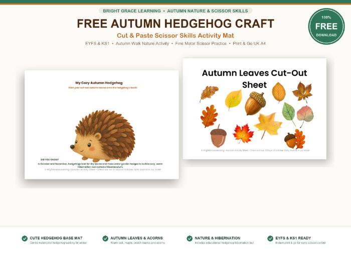 FREE Autumn Hedgehog Cut and Paste Craft | EYFS & KS1 Fine Motor Scissor Activity