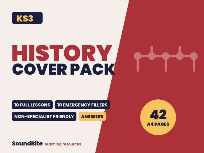 KS3 History Cover Pack: 10 Lessons + 10 Emergency Fillers, 1066 to the Holocaust, Print and Go