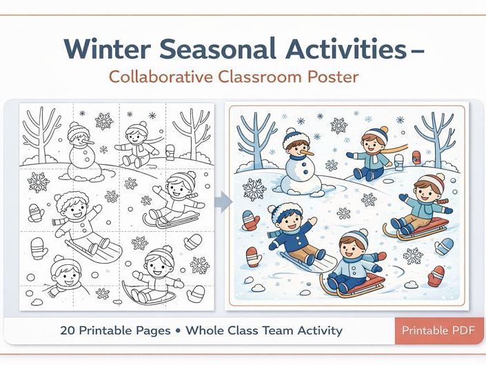 Winter Seasonal Activities – Collaborative Classroom Poster (20-Piece Coloring & Assembly Activity)