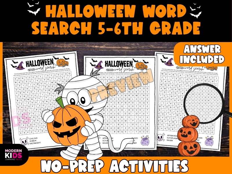 Halloween Word Search Puzzle & Vocabulary Fun for 5th 6th Grade