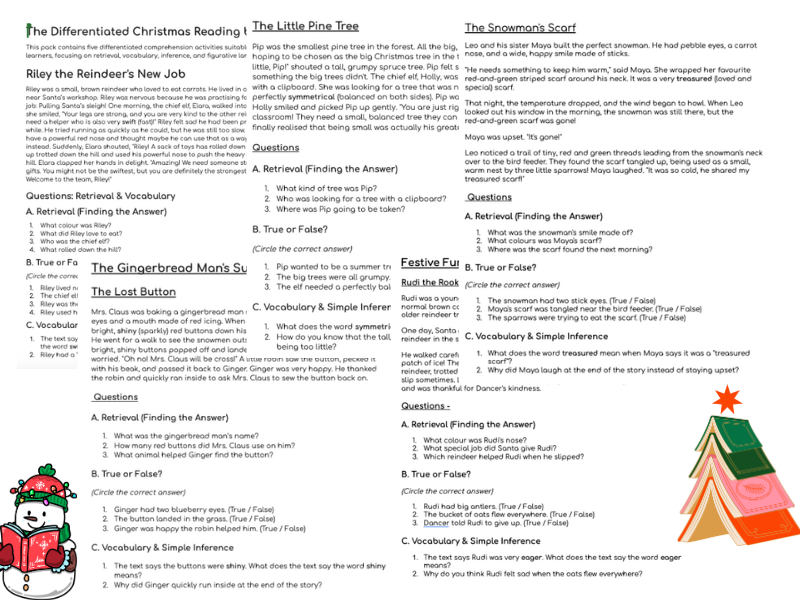 Differentiated Christmas Reading Bundle | 9 Comprehension Activities | Retrieval & Vocabulary