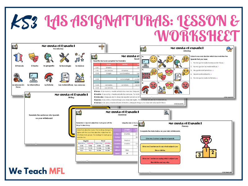 KS3: Las Asignaturas Lesson PPT & Practice Worksheet