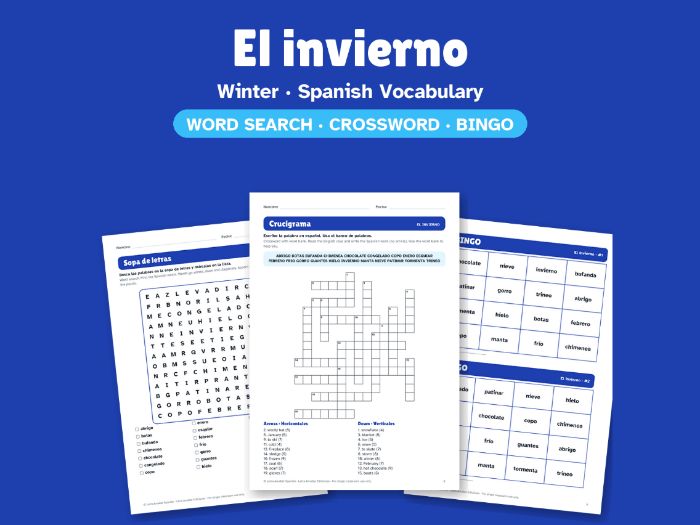 Winter in Spanish: Word Search, Crossword & Bingo