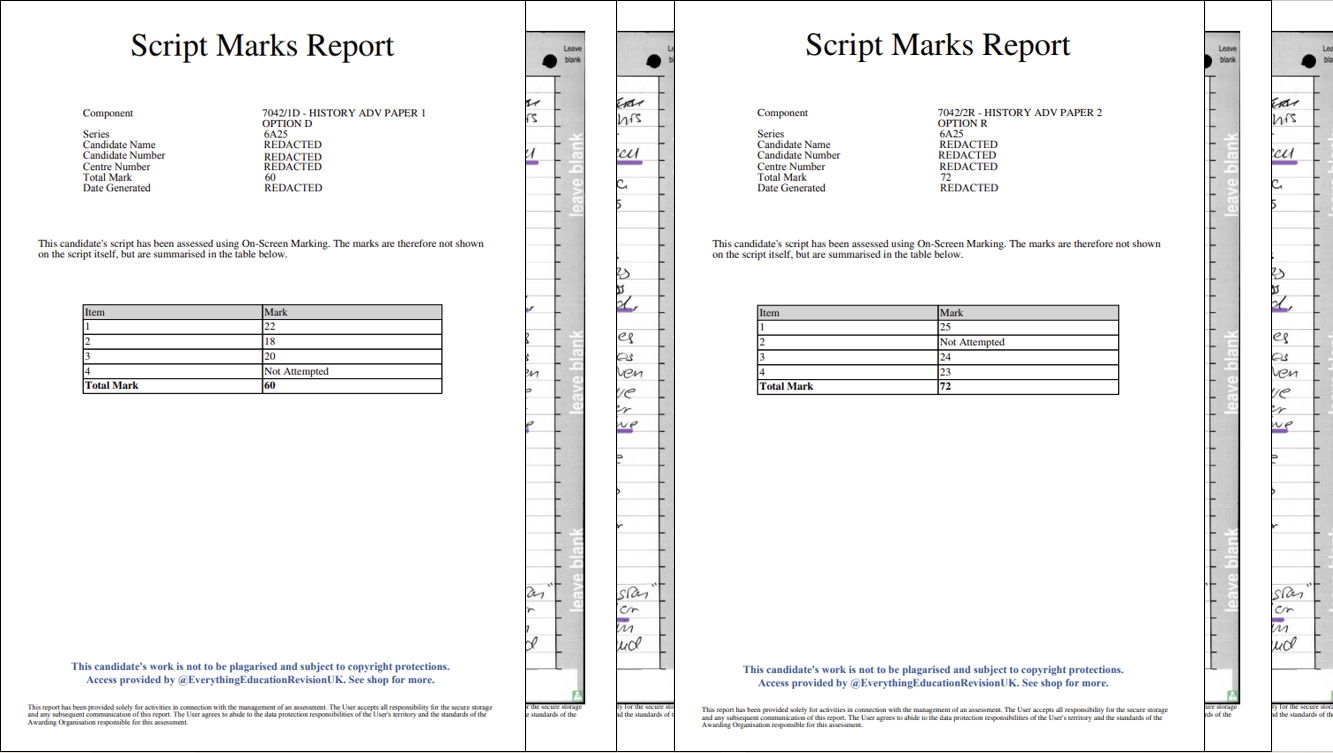 *BUNDLE* A-Level AQA History 2025 Series Papers 1D & 2R Copy of Candidate Scripts with A* Model Answers