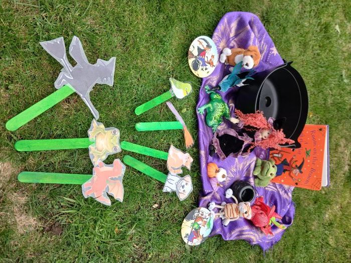 Witch and character stick puppets.