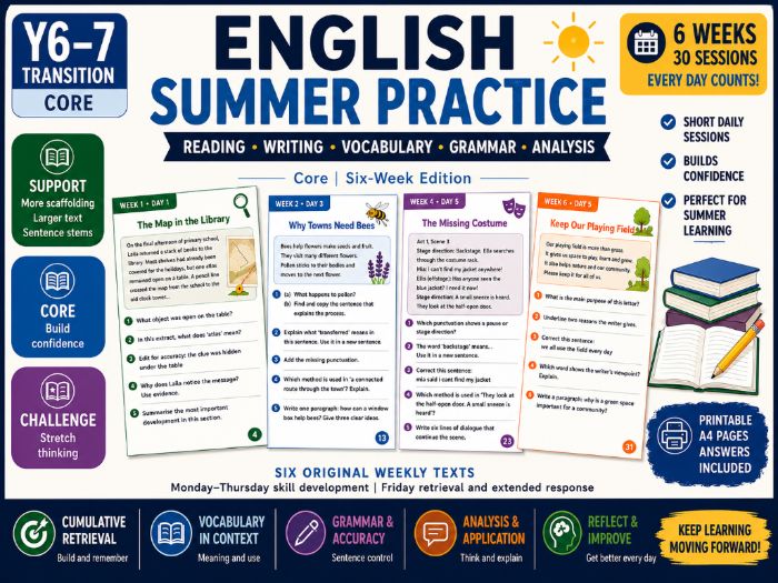 Year 6 to Year 7 English Summer Transition Booklet – Core | 30 Sessions & Answers