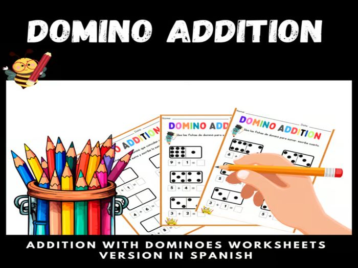 Domino Addition Practice Missing Addends, and More! Facts within 20 worksheets /Version in Spanish