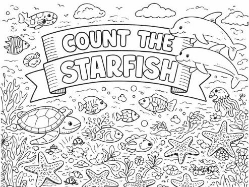 Count the Starfish Coral Reef Colouring Page