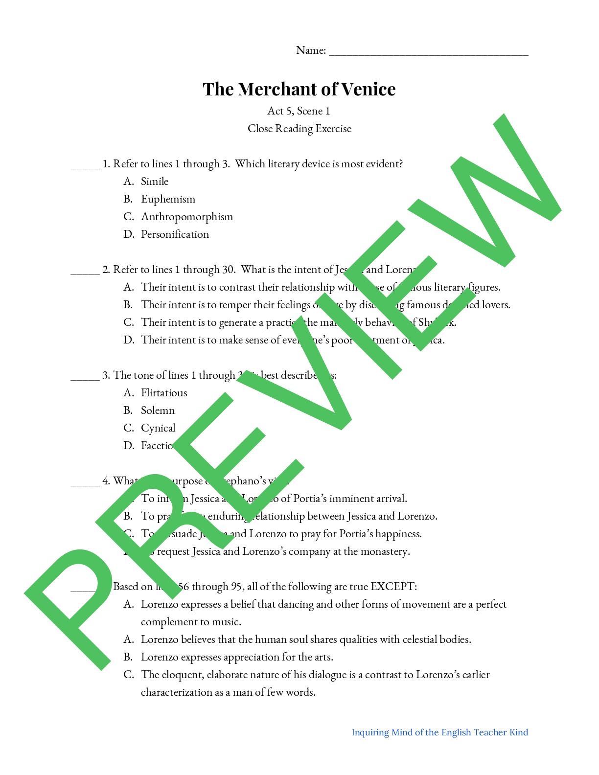 The Merchant of Venice Close Reading Worksheet - Act 5, Scene 1 ...