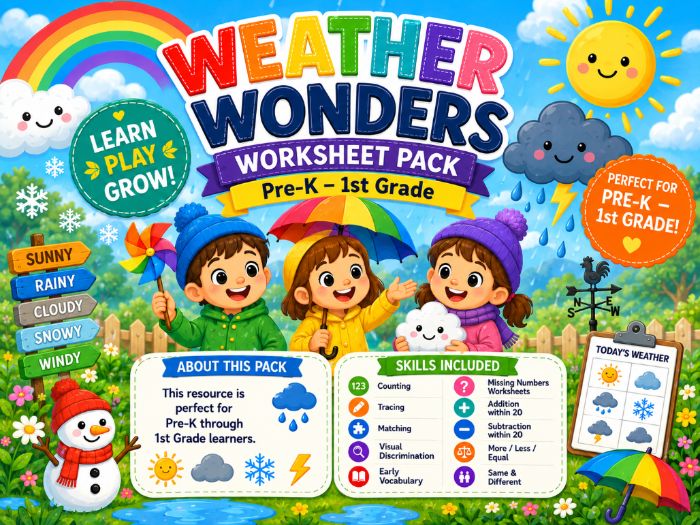 Weather Worksheets for Pre-K–1st Grade | Weather Math, Tracing & Vocabulary Activities