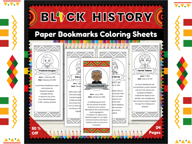 Black History Month Bookmarks Collection : Coloring Bookmarks Sheets