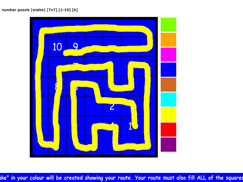 number puzzles [snake] [7x7 grid] [1-10] [b]
