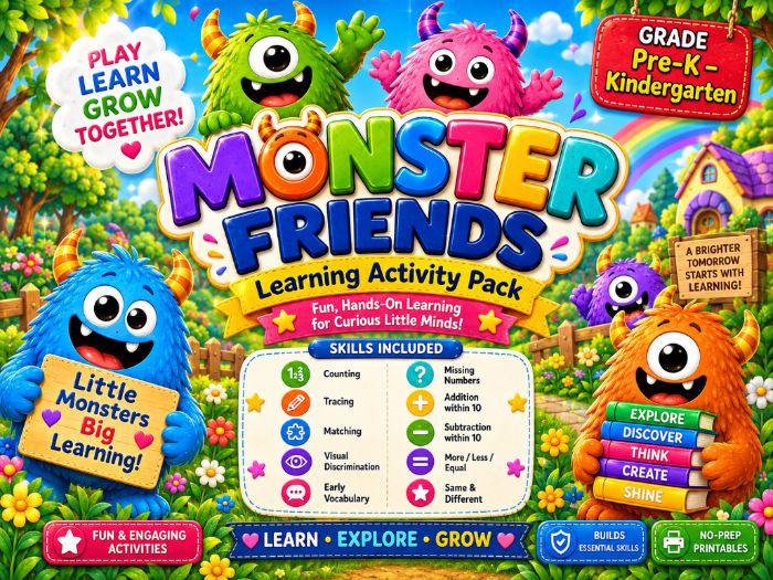 Monster Friends Learning Activity Pack | Pre-K Kindergarten Math, Tracing & Matching