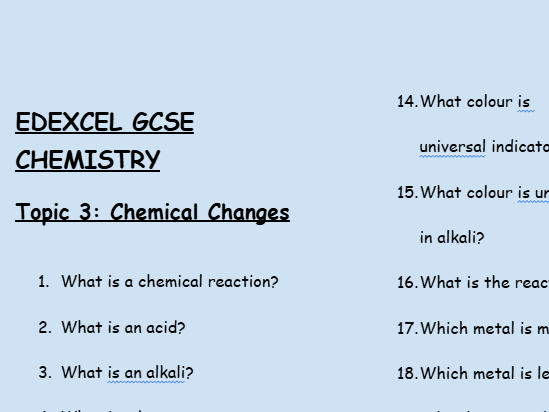 GCSE Edexcel Chemistry – Chemical Changes Worksheet (30 Low-Stakes Questions + Answers)