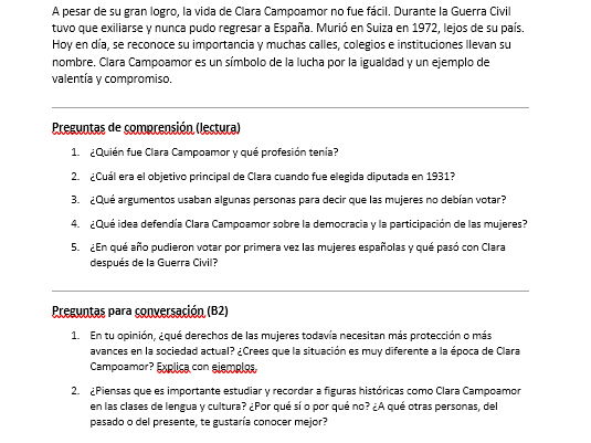 Clara Campoamor – Lectura y comprensión sobre el sufragio femenino B2–C1 Español