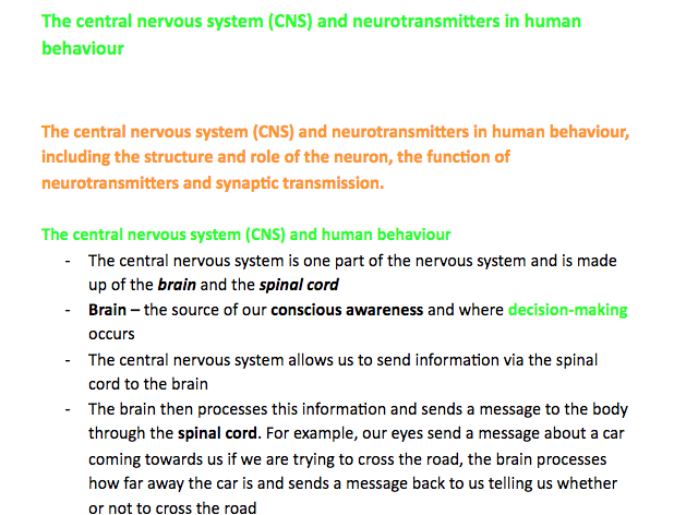 A Level Edexcel Psychology- The CNS and neurotransmitters