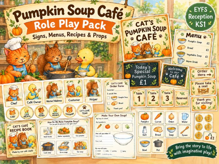 Pumpkin Soup Café Role Play Pack | EYFS & KS1 | Signs, Menus, Recipes & Props