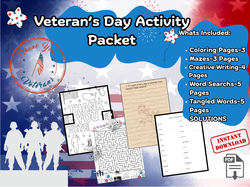 Veterans Day Printable Activity Packet | Coloring, Writing, Word Search & Word Scramble-Grades 2-5