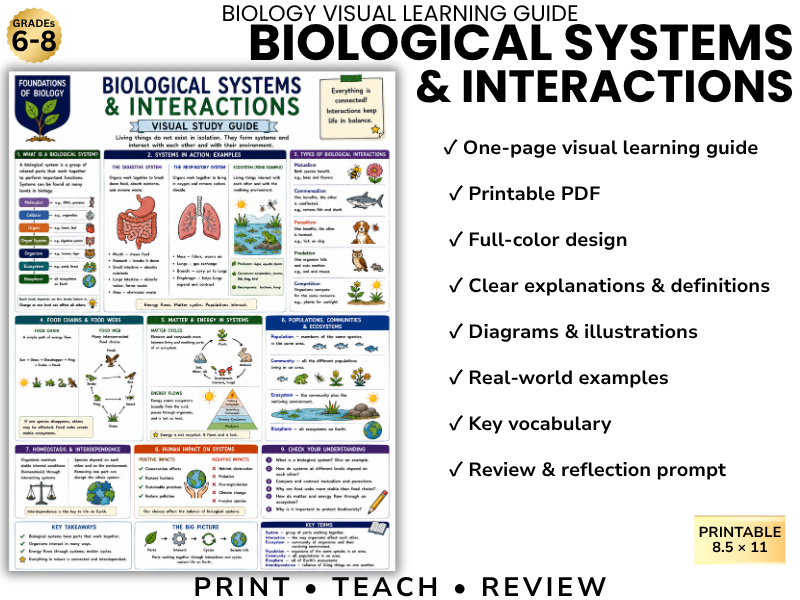BIOLOGICAL SYSTEMS & INTERACTIONS Biology Visual Learning Guide | Grade 8 & Middle School Science