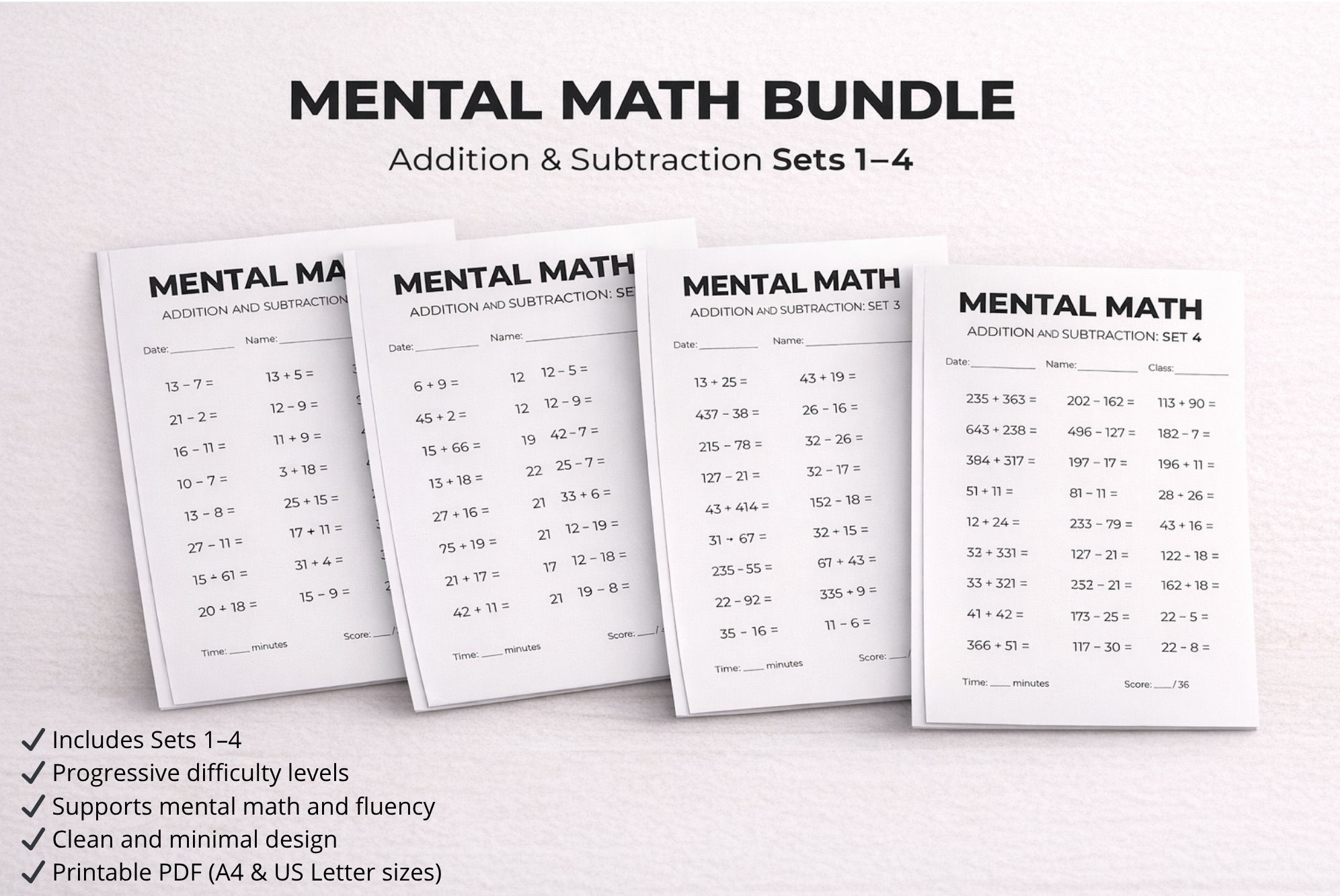 Mental Math Worksheets Bundle | Addition & Subtraction Sets 1–4