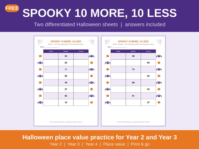 FREE Halloween Maths | 10 More 10 Less Worksheets | Year 2 & Year 3 Place Value