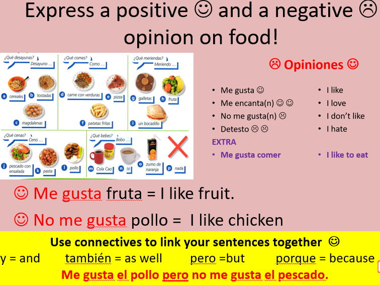 Spanish - Comida y opiniones - Food, opinion, favourite food, dictionary skills KS2/3
