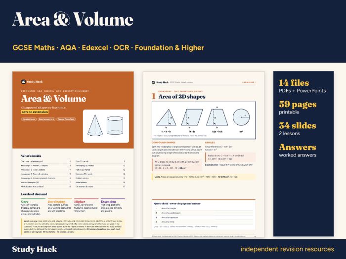 GCSE Maths Area and Volume Pack: Circles, Sectors, Prisms, Cones and Spheres (Foundation and Higher)
