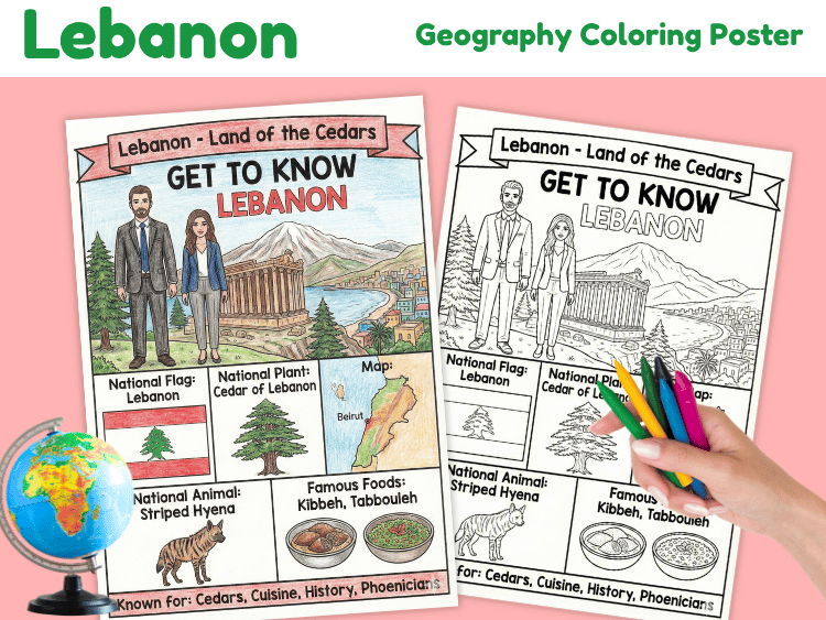 Lebanon Geography Coloring Poster | Country Facts & Landmarks
