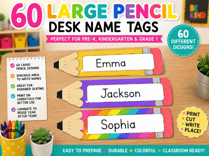 60 Large Pencil Desk Name Tags | Back to School Classroom Seating & Student Name Labels|Pre-K, K