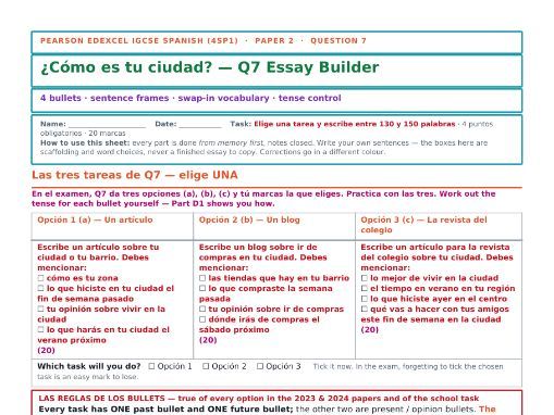 Edexcel IGCSE Spanish (4SP1) | Paper 2 Question 7 Essay Builder | ¿Cómo es tu ciudad? | 130–150 Word