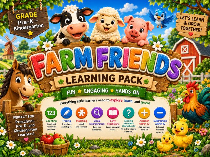 Farm Friends Learning Pack | Pre-K & Kindergarten Math, Tracing, Matching & Vocabulary
