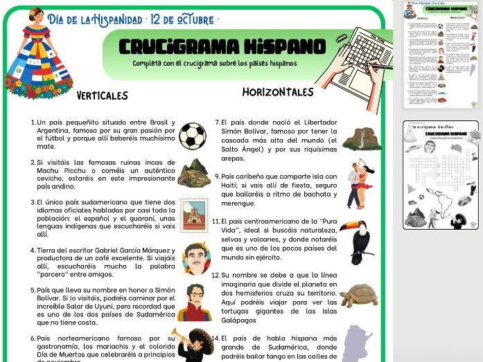 Hispanic Heritage Day Crossword: Crucigrama Hispano (with answers)