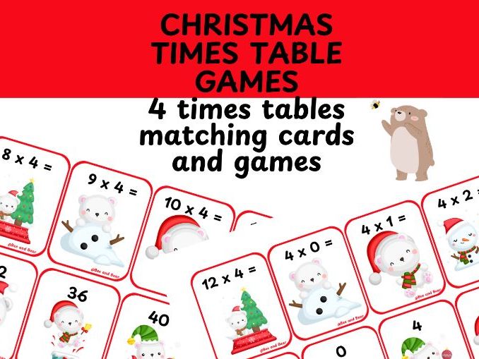 Four times table card games Christmas themed